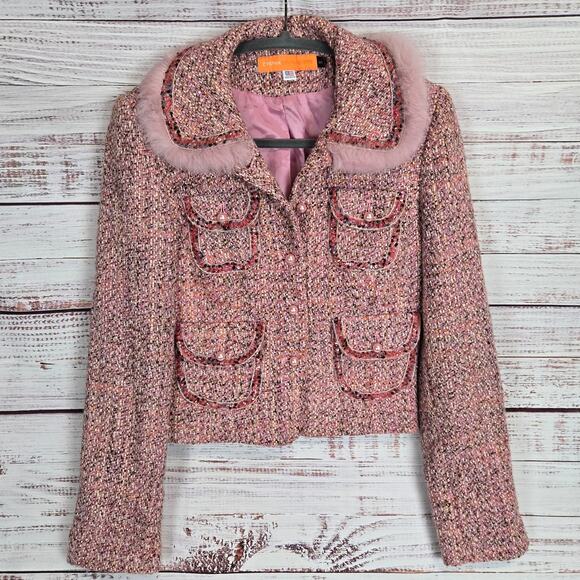 Cynthia Steffe Jackets & Blazers - Cynthia Steffe Pink Tweed Blazer S Faux Fur Sequin Pearl Preppy Glam Lux Jacket